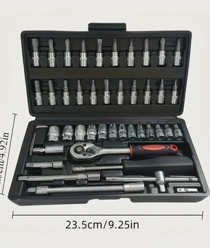 46-delige 1/4 inch doppenset met ratel en bits – Complete gereedschapskit voor motor en auto