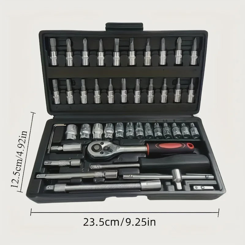 46-delige 1/4 inch doppenset met ratel en bits – Complete gereedschapskit voor motor en auto