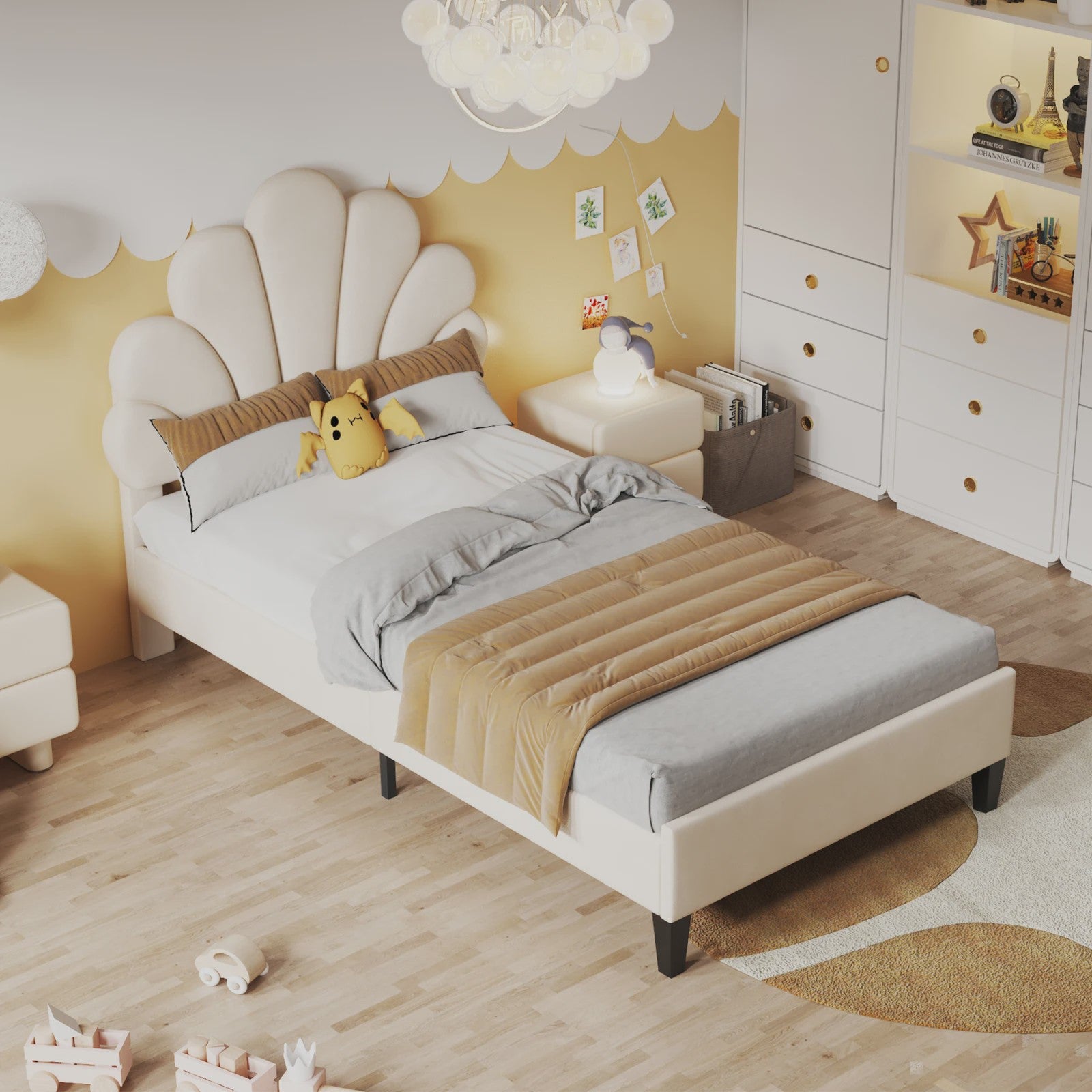 Kinderbed met Verstelbaar Hoofdbord en Bloemmotief - Velours - Meisjesbed