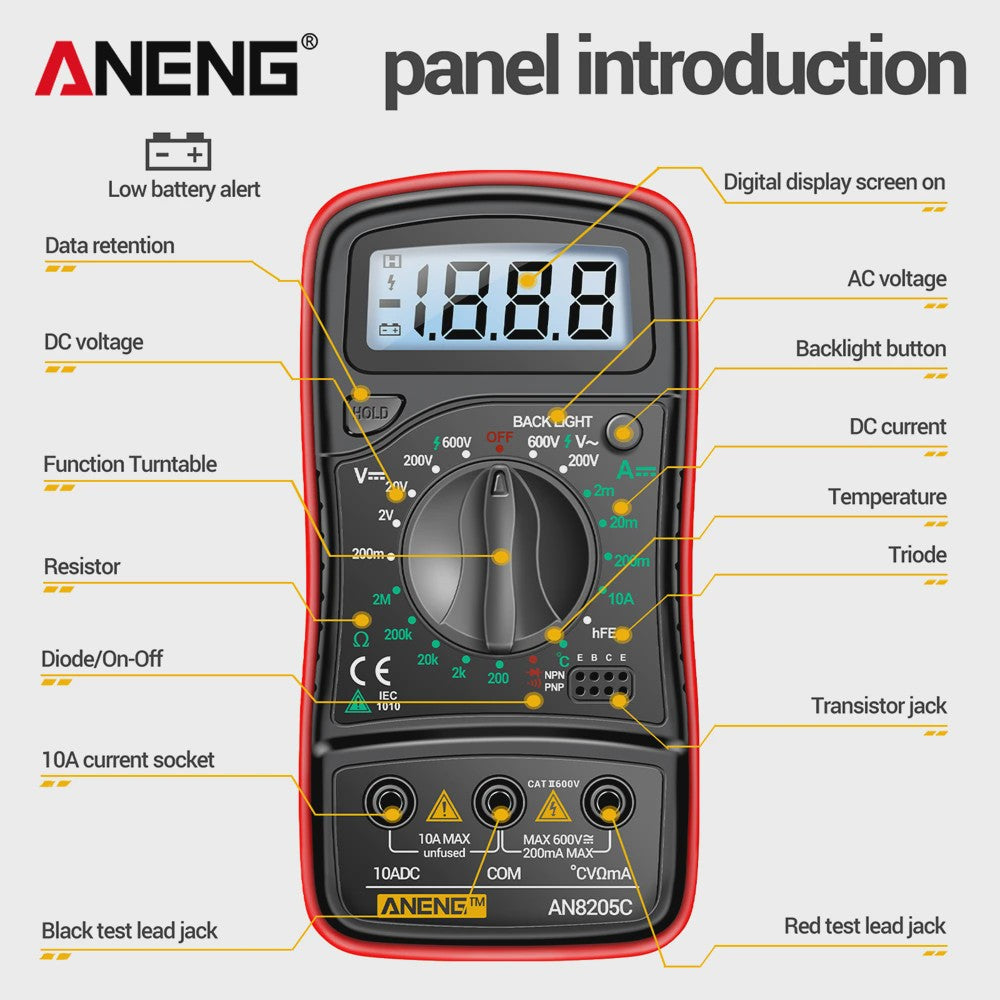 ANENG AN8205C Digitale Multimeter - AC/DC Spanning, Stroom, Weerstand Tester met LCD & Backlight