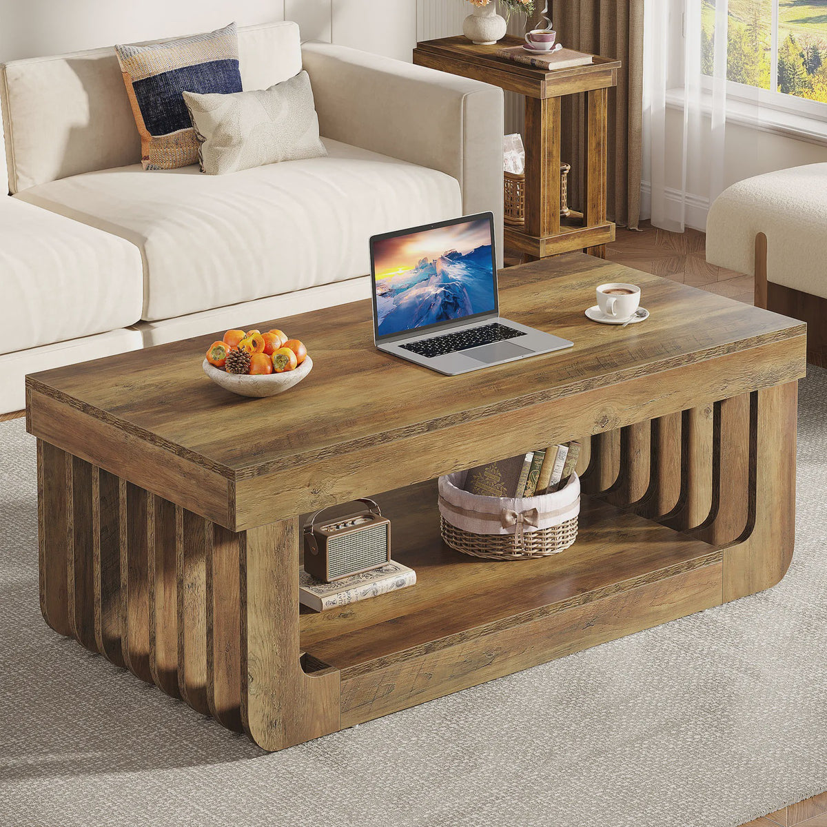 Houten Salontafel met 2 Niveaus en Opbergruimte - 120 cm Breed