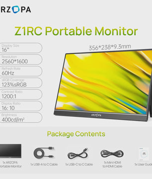 ARZOPA 16" 2K Draagbare Monitor - IPS Scherm, 16:10, Type-C & Mini HDMI