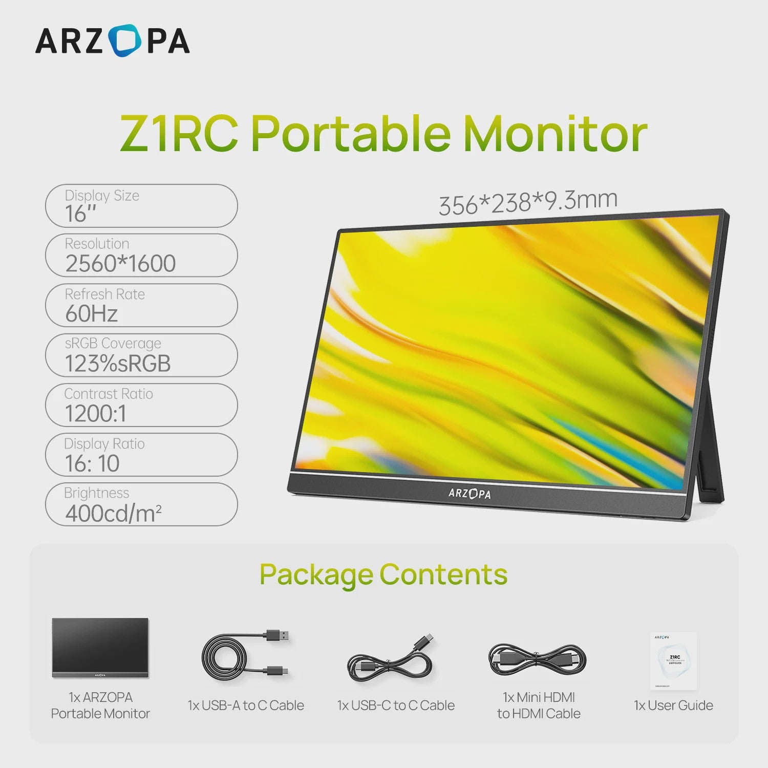 ARZOPA 16" 2K Draagbare Monitor - IPS Scherm, 16:10, Type-C & Mini HDMI