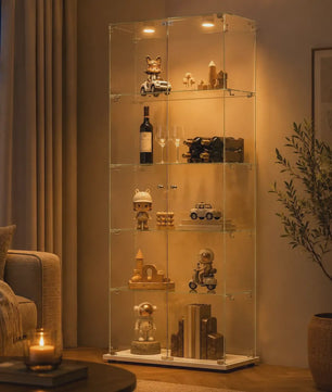 Moderne Witte Glazen Vitrinekast met LED Verlichting, 5 Legborden en 2 Vergrendelbare Deuren - 186x78x34 cm