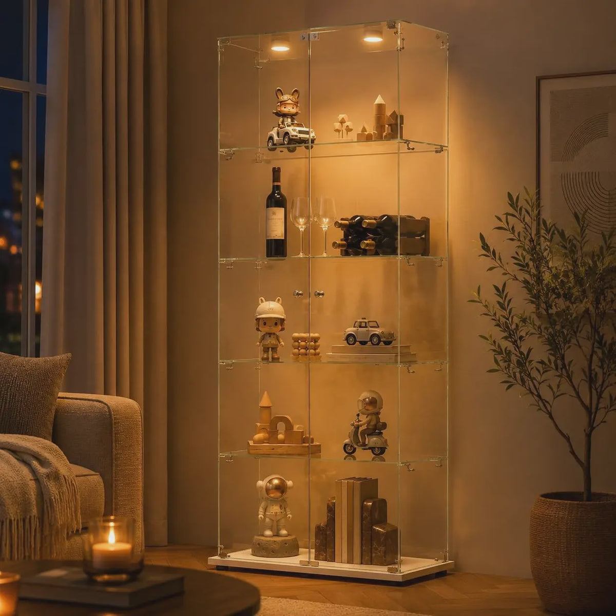 Moderne Witte Glazen Vitrinekast met LED Verlichting, 5 Legborden en 2 Vergrendelbare Deuren - 186x78x34 cm