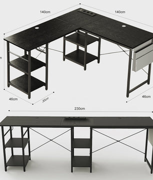 Industriële L-vormige Bureau 140/230cm met Opbergruimte en Geïntegreerd Stopcontact
