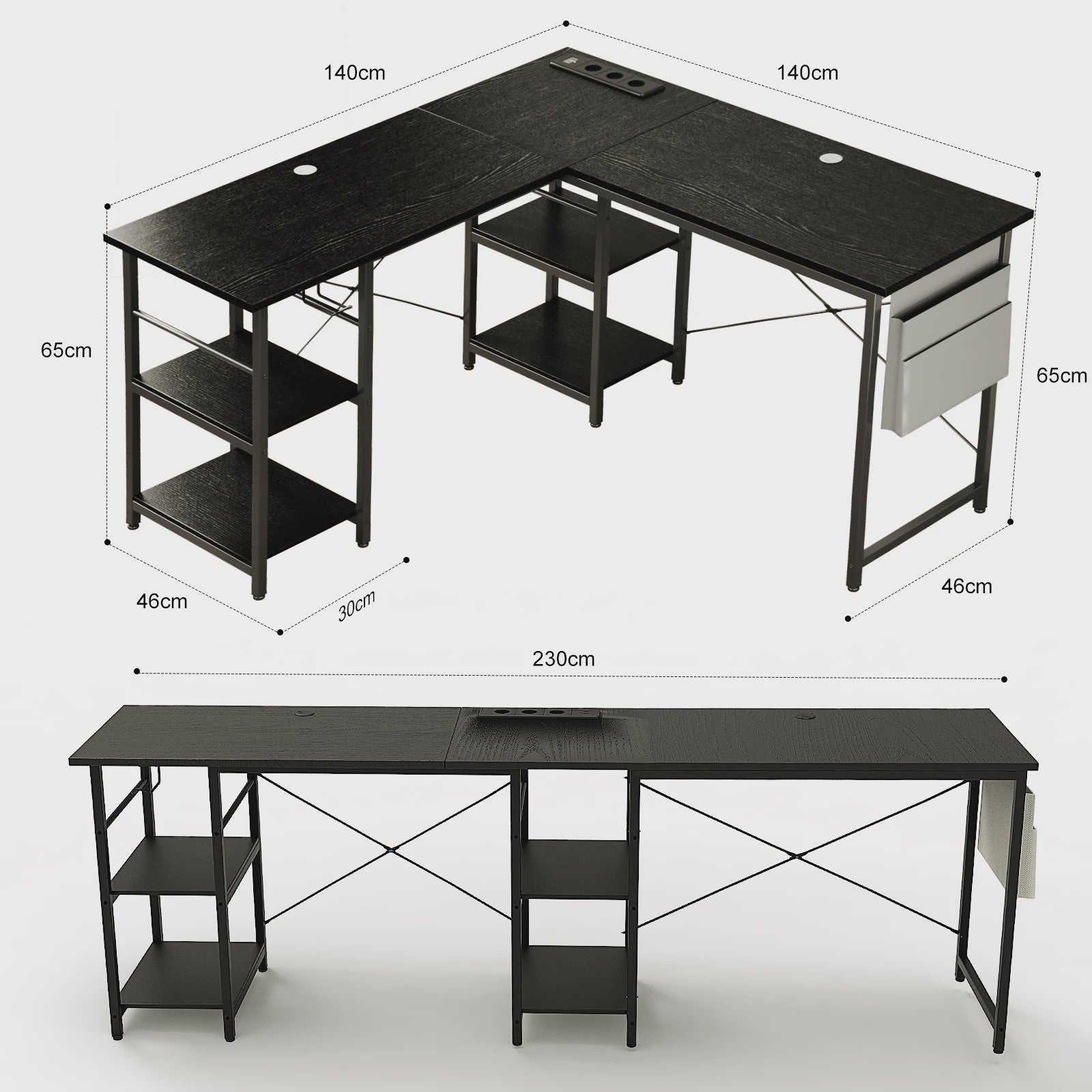 Industriële L-vormige Bureau 140/230cm met Opbergruimte en Geïntegreerd Stopcontact