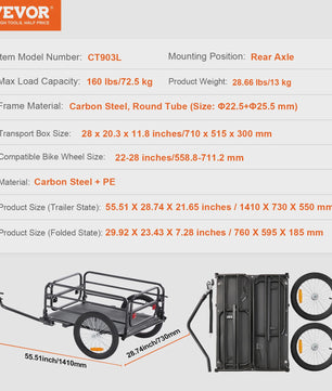 Opvouwbare Fietskar met 160 lbs Laadvermogen en 16" Wielen - Veilig en Ruim Transport