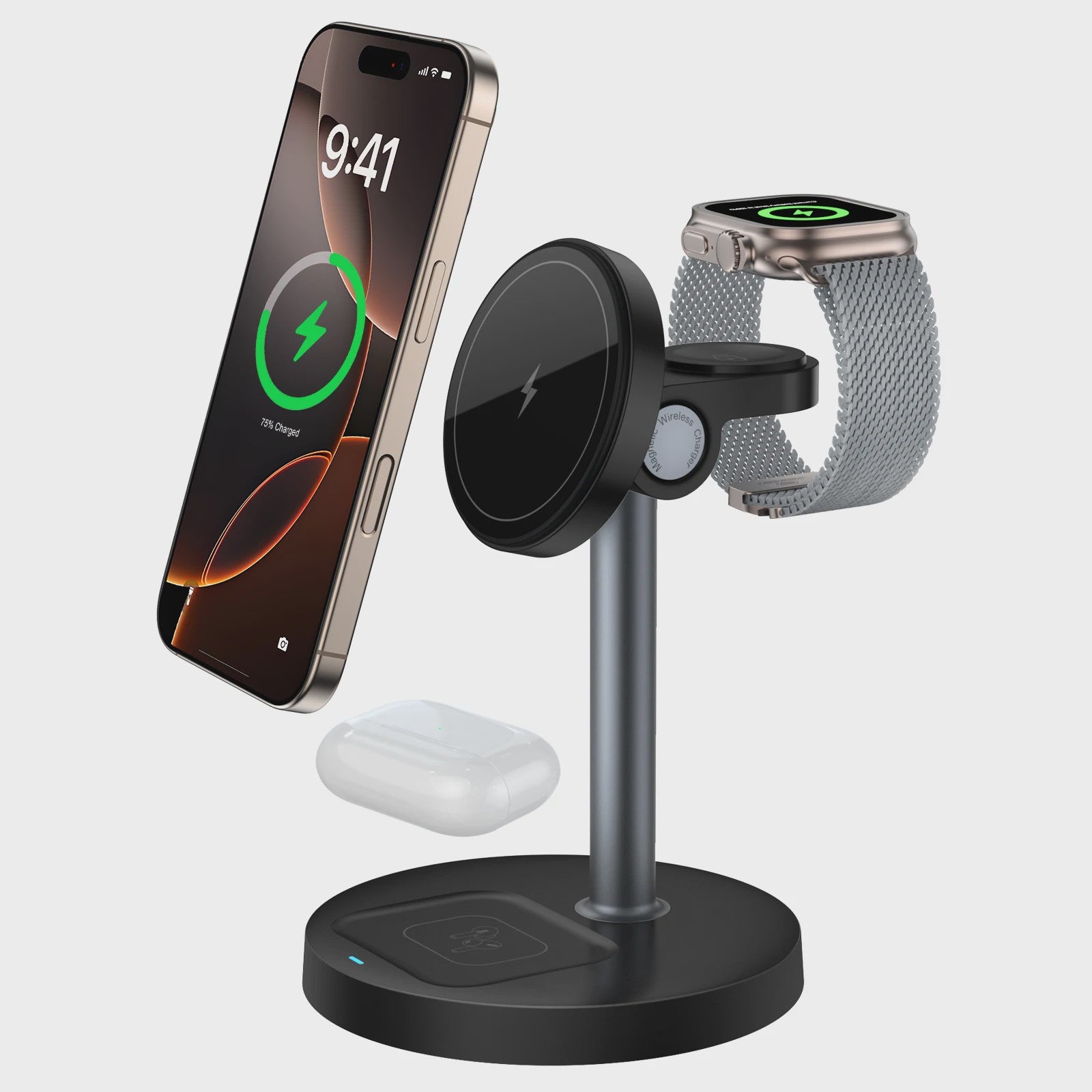 3-in-1 Magnetische Draadloze Oplader Stand voor iPhone, Apple Watch & AirPods - 15W Fast Charge