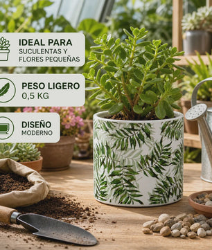 Decoratieve Keramische Bloempot met Groene Bladeren Print - 13x12cm Cilindrisch - Modern & Veelzijdig
