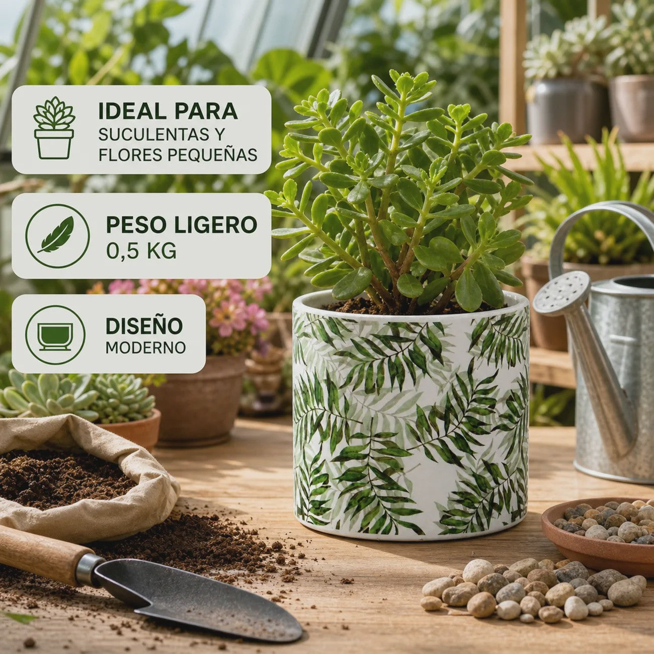 Decoratieve Keramische Bloempot met Groene Bladeren Print - 13x12cm Cilindrisch - Modern & Veelzijdig