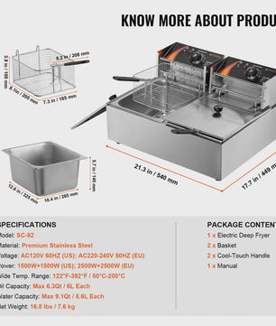 Dubbele Professionele Elektrische Frituurpan 12L - 3000W RVS - Ideaal voor Friet & Kip
