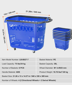 Set van 6xBoodschappenmanden met Wielen - 39L Draagbaar & Rolbaar