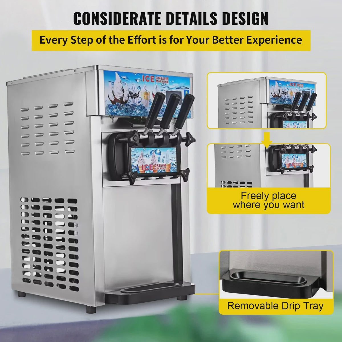 Professionele Soft Serve IJsmachine - 3 Smaken, 18L/U, 1200W, Roestvrij Staal