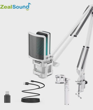 Zealsound RGB USB Condensator Microfoon met Verstelbare Arm - Wit | Gaming, Streaming & Opnames