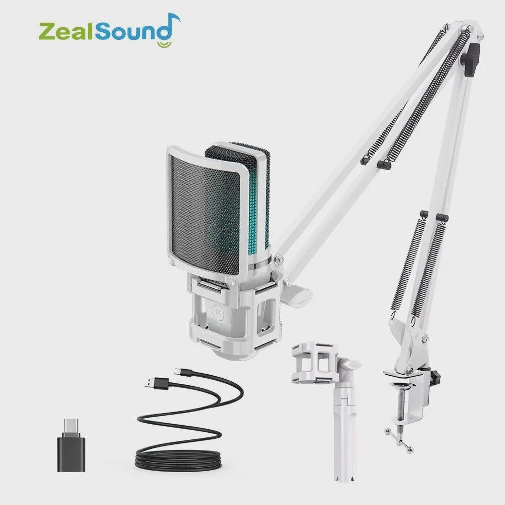 Zealsound RGB USB Condensator Microfoon met Verstelbare Arm - Wit | Gaming, Streaming & Opnames