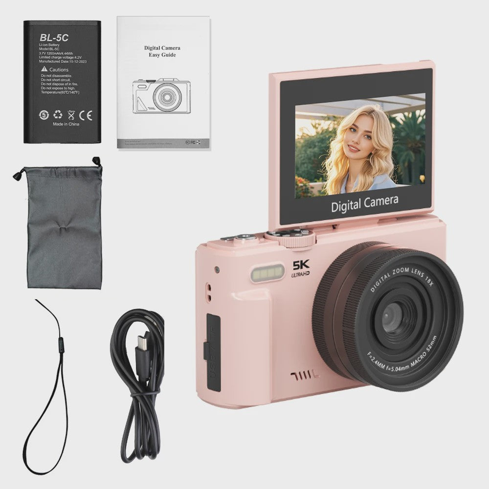 Ourlife Compacte 5K Digitale Camera: 75MP, 18x Zoom, Flip Screen, WiFi & Vlog Functies