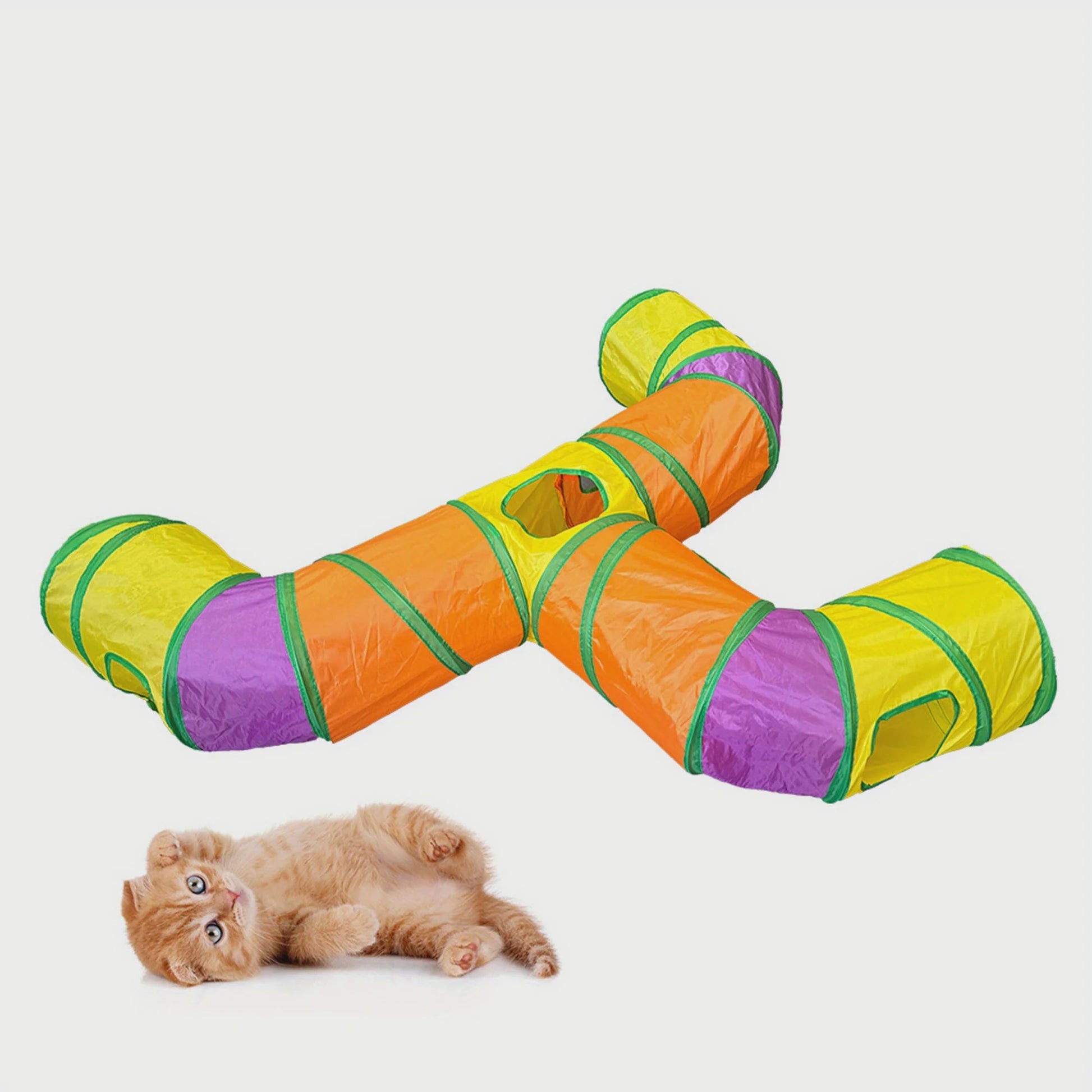 Uitgebreide 3-Weg Katten Tunnel Speelgoed met Speeltjes en Ontdekkingluiken