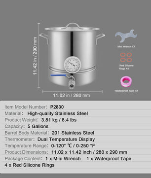 5 Gallon RVS Brouwketel met Thermometer, Kraan en Filter - Ideaal voor Bierbrouwen