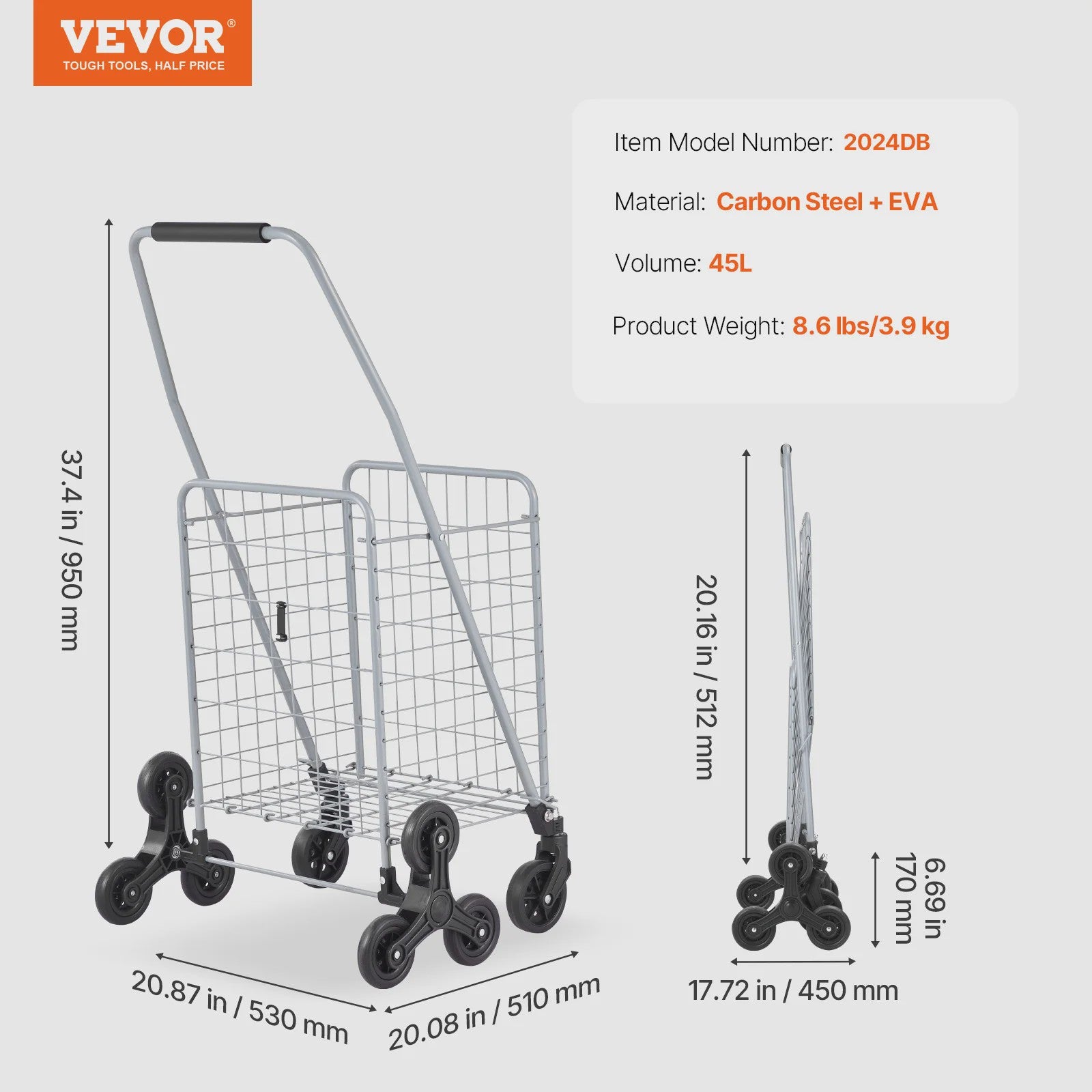Opvouwbare Boodschappenkar met Traplift Wielen - Lichtgewicht & 45L Inhoud
