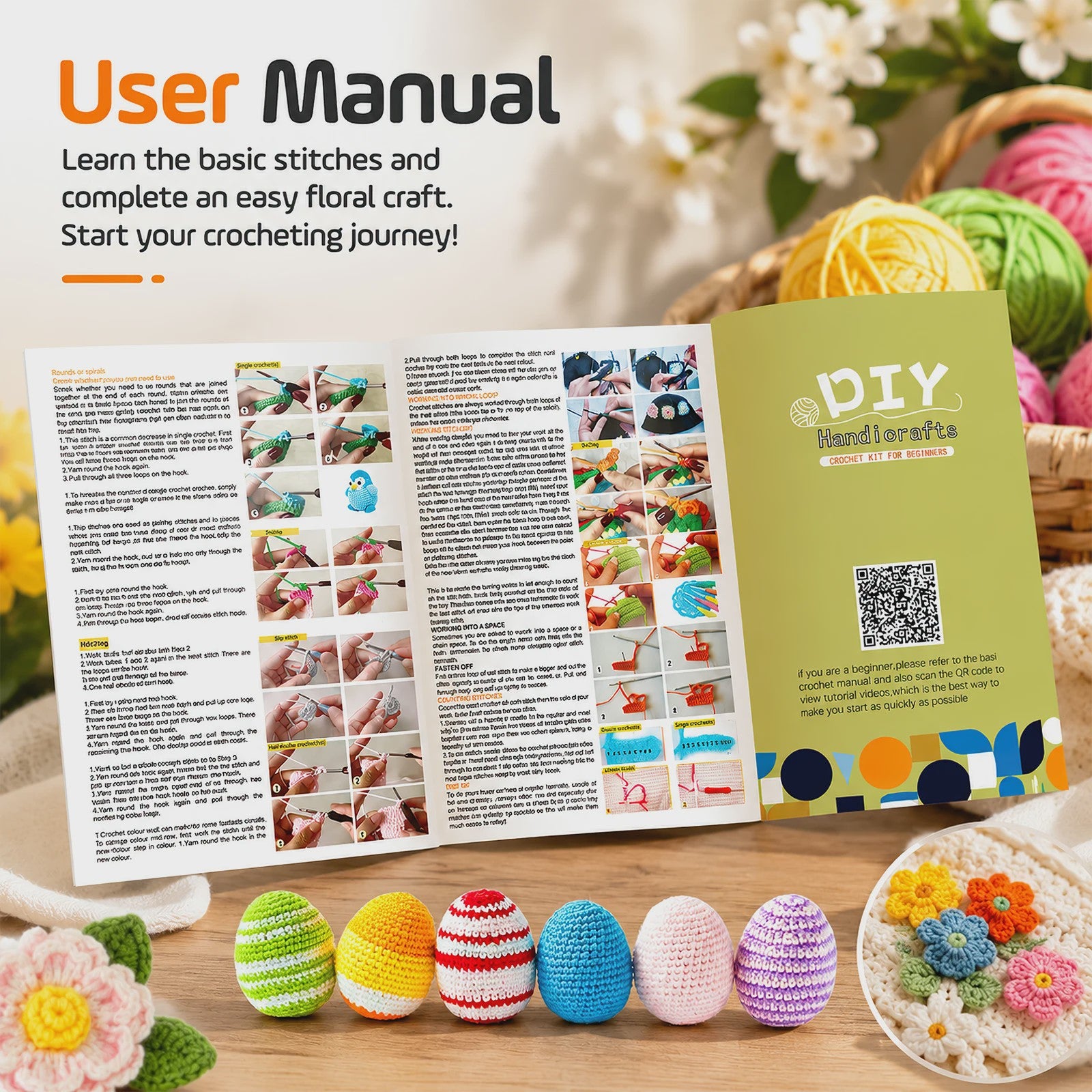 DIY Textile Set，77 Piece Crochet Hook Set With 62 Mixed Color Yarn Balls, 2 Aluminum Crochet Hooks, 2 Knitting Needles, And 10 Anti Slip Pins
