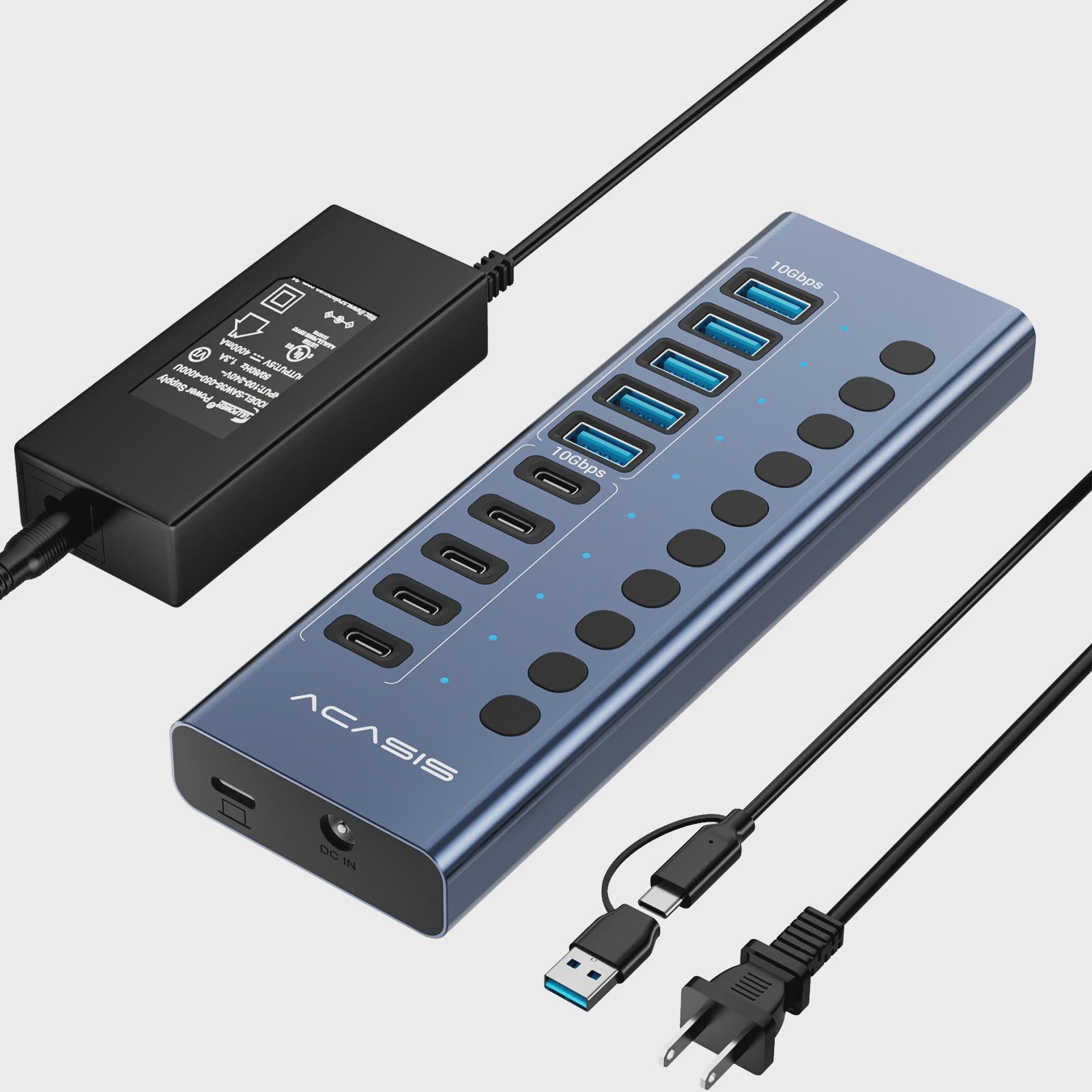 Acasis 16-Poorts USB Hub 10Gbps met Individuele Schakelaars & Snelle Data Transfer