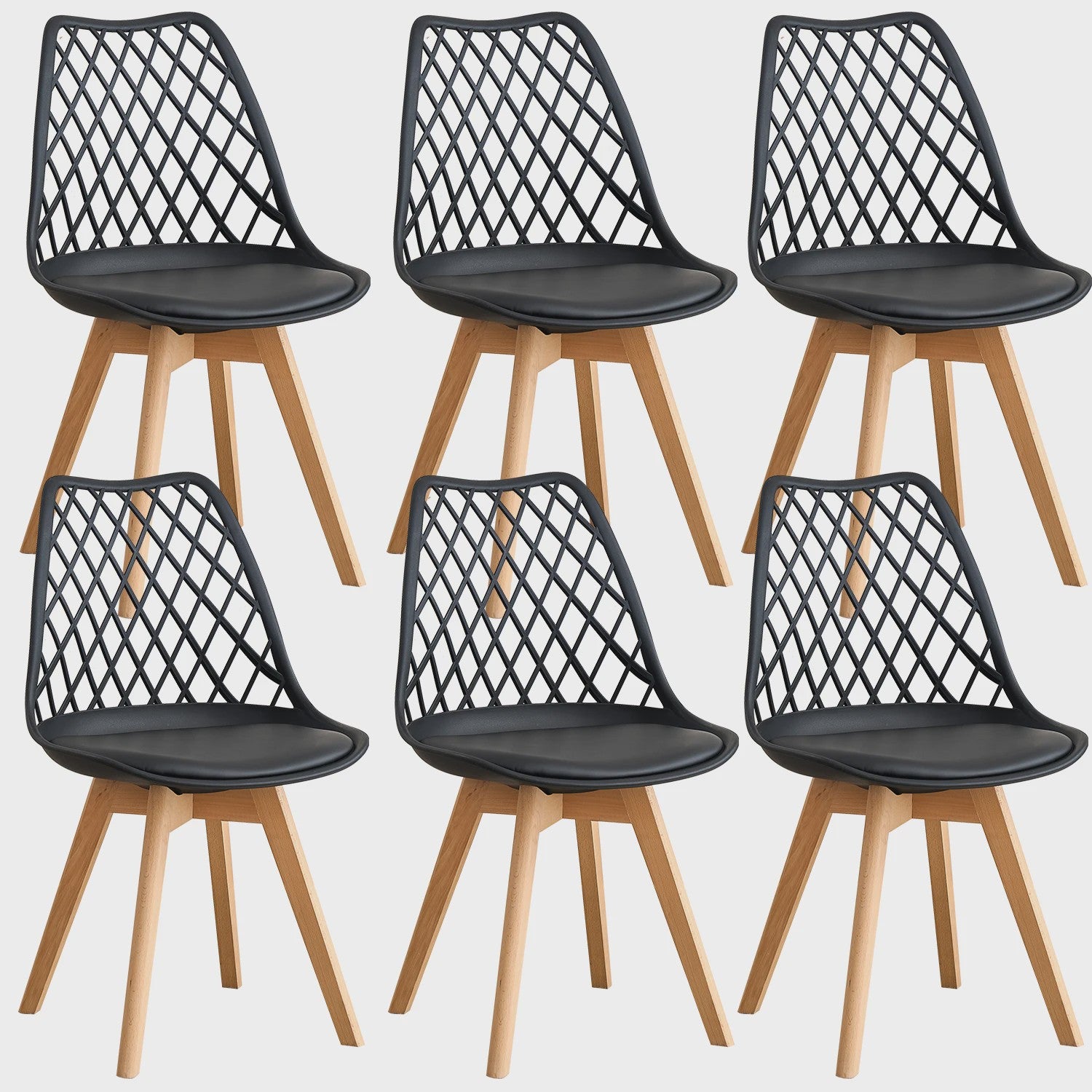 Moderne Eetkamerstoelen Set (4/6 stuks) - Mesh Rug, Houten Poten & Gestoffeerde Zitting