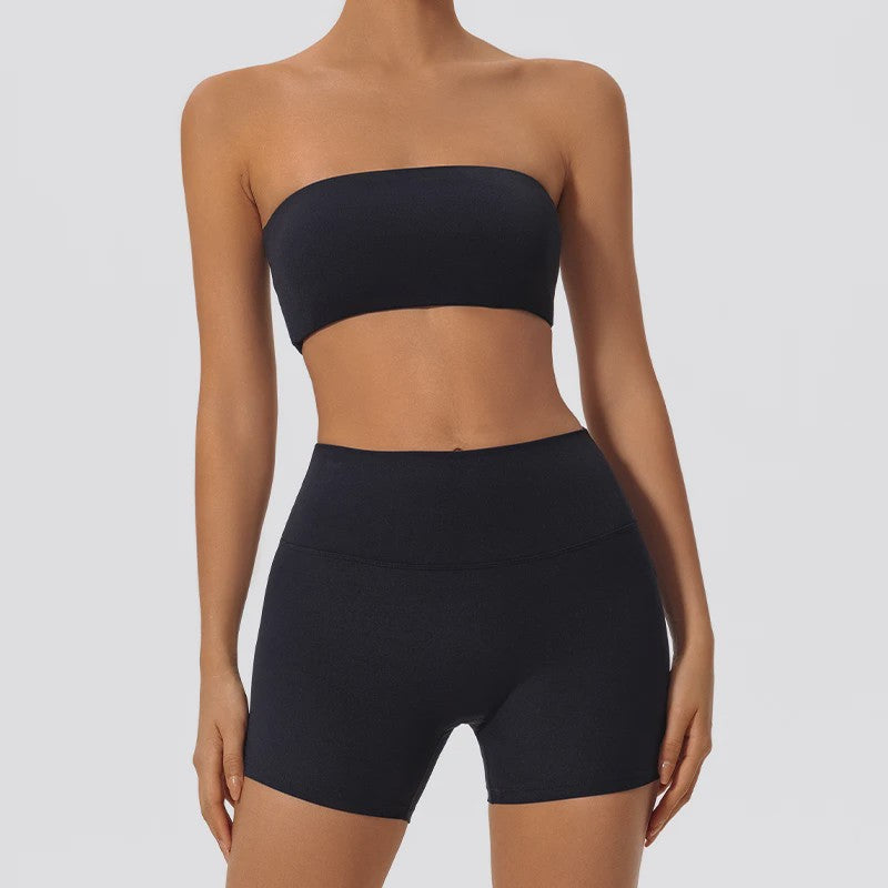 Strapless Sportset Dames: 2-delige Yoga Outfit met Crop Top en Shorts