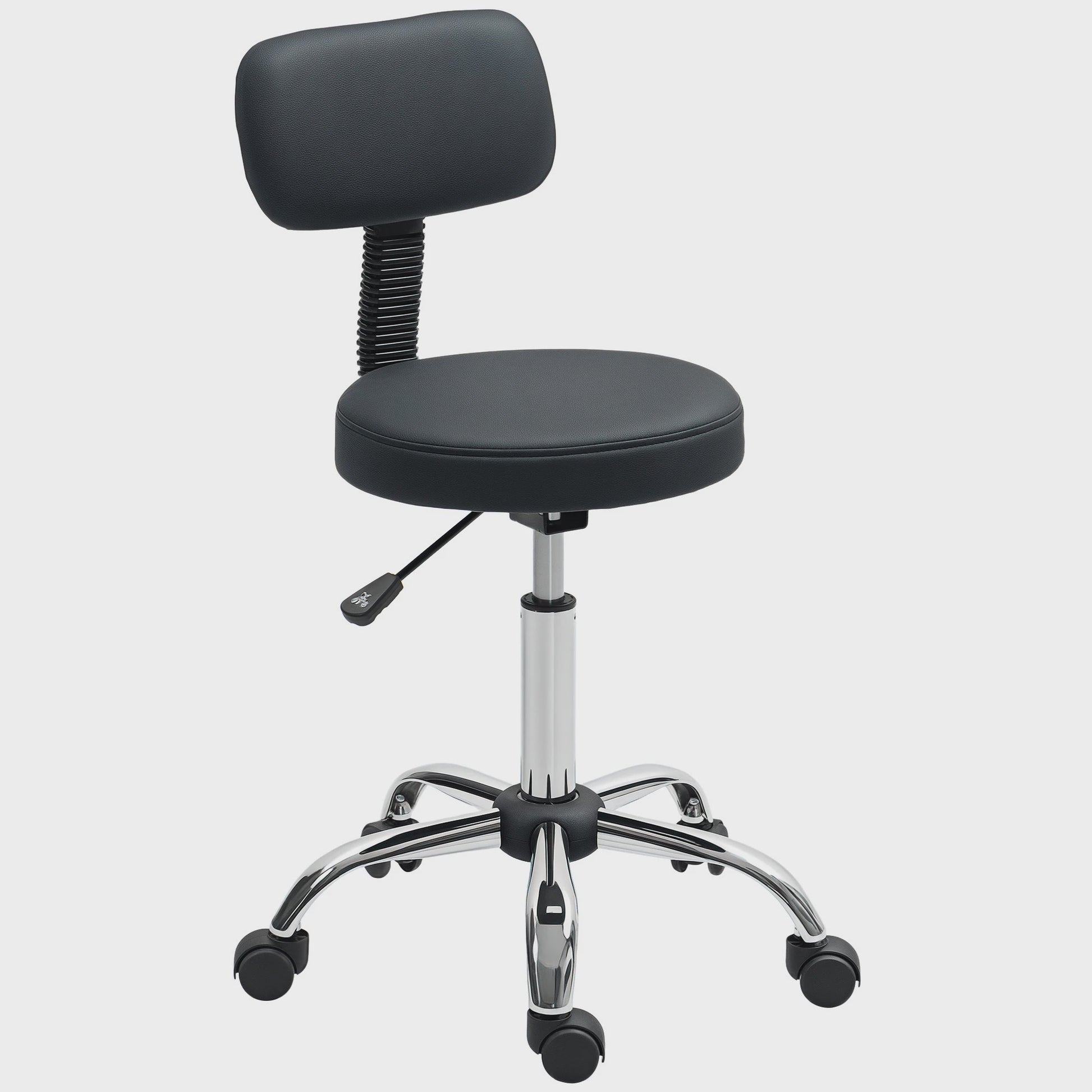 Zwarte Draaibare Kruk met Wielen en Rugleuning - In hoogte Verstelbaar (78-93 cm)