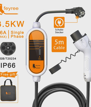 Feyree Draagbare EV Oplader - 3.5KW/7KW/11KW, 16A/32A, 1- & 3-Fase, Instelbare Stroom, GB/T