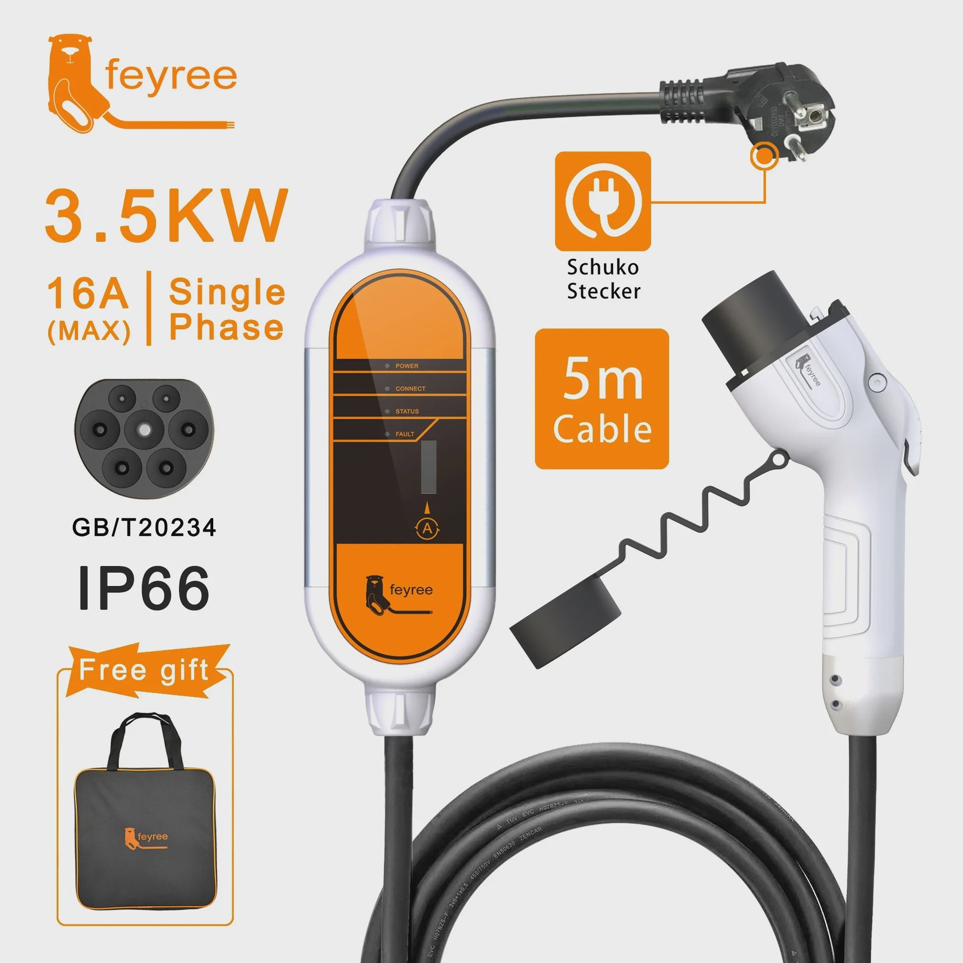 Feyree Draagbare EV Oplader - 3.5KW/7KW/11KW, 16A/32A, 1- & 3-Fase, Instelbare Stroom, GB/T