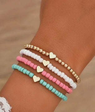 Set van 4 Bohemian Kralen Armbandjes met Hartje - Zomerse Beach Vibes