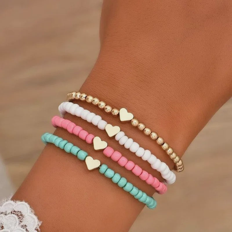 Set van 4 Bohemian Kralen Armbandjes met Hartje - Zomerse Beach Vibes