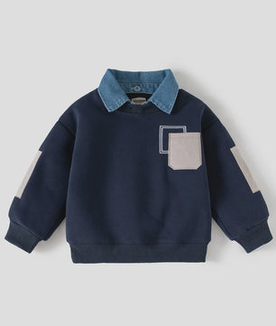 Warme Kinder Sweater met Denim Kraag en Patch Pocket - Herfst/Winter Collectie