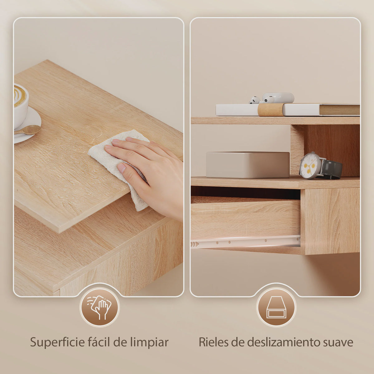 Set van 2 Zwevende Nachtkastjes met Lade - Wandmontage, Modern Design, Eikenlook