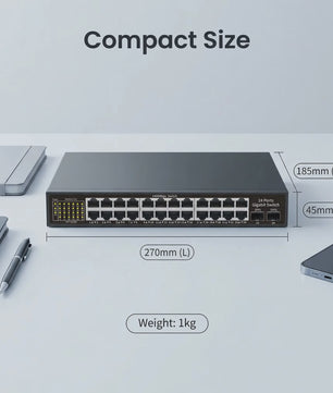 24-Poorts Gigabit Netwerk Switch met 2 SFP Poorten, 52Gbps Bandbreedte & Bliksembeveiliging