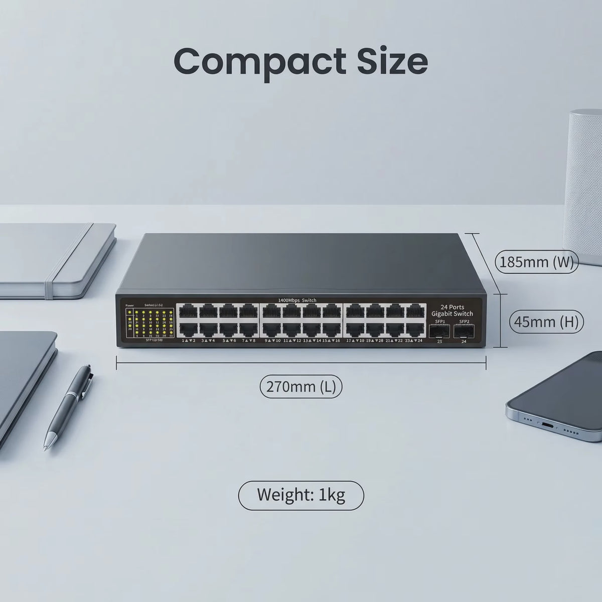 24-Poorts Gigabit Netwerk Switch met 2 SFP Poorten, 52Gbps Bandbreedte & Bliksembeveiliging