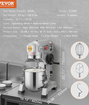 Professionele Standmixer 20L - 3 Snelheden, Deegmixer met RVS Kom & 3 Opzetstukken
