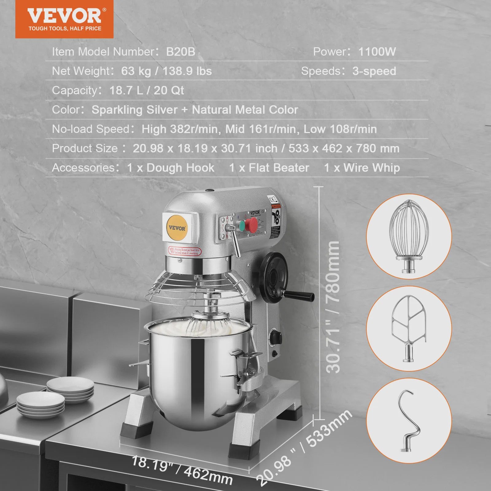 Professionele Standmixer 20L - 3 Snelheden, Deegmixer met RVS Kom & 3 Opzetstukken
