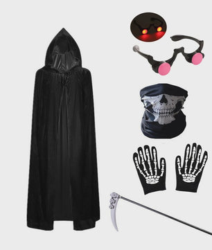Griezelige Grim Reaper Kostuum voor Kinderen met Gloeiende Rode Ogen, Handschoenen en Zeis