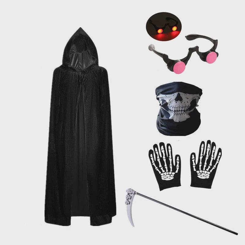 Griezelige Grim Reaper Kostuum voor Kinderen met Gloeiende Rode Ogen, Handschoenen en Zeis