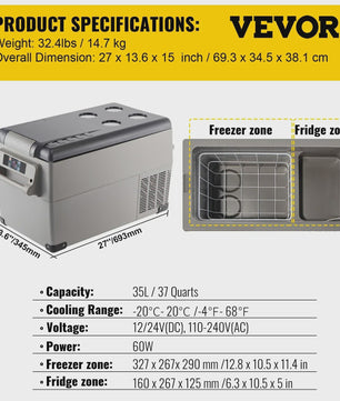 VEVOR Draagbare Auto Koelkast & Vriezer - 35L/45L/55L - 12/24V DC & 110-240V AC