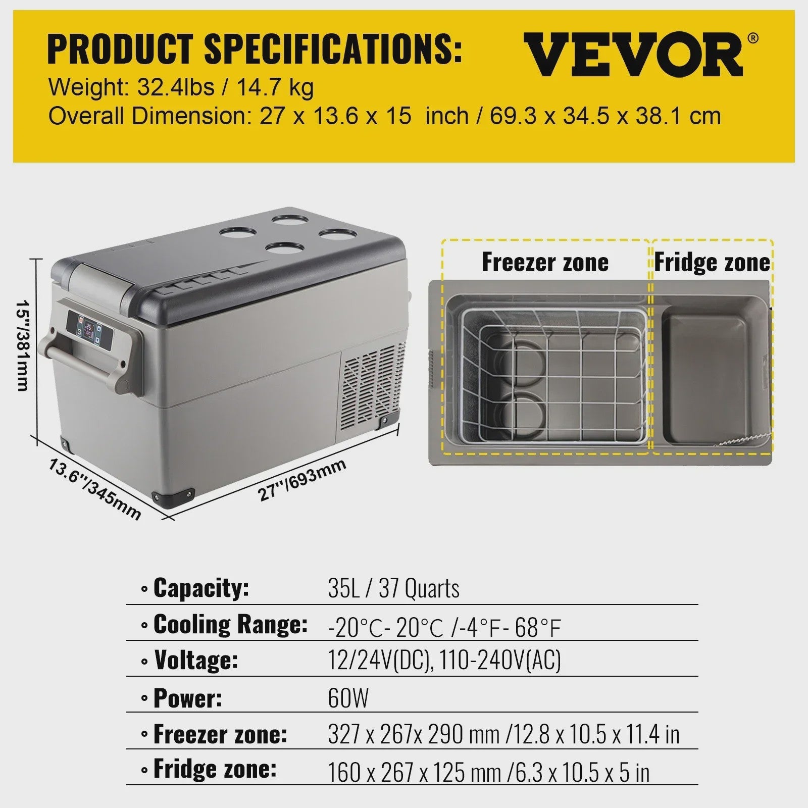 VEVOR Draagbare Auto Koelkast & Vriezer - 35L/45L/55L - 12/24V DC & 110-240V AC