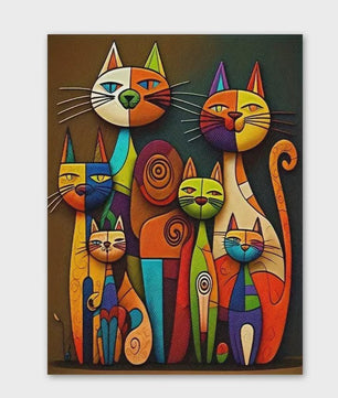 Abstracte Katten Canvas Schilderij - Kleurrijk Cartoon Dieren Poster Kunst