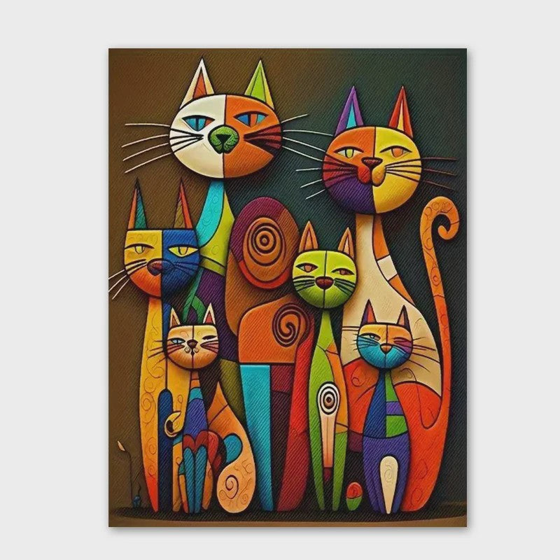 Abstracte Katten Canvas Schilderij - Kleurrijk Cartoon Dieren Poster Kunst