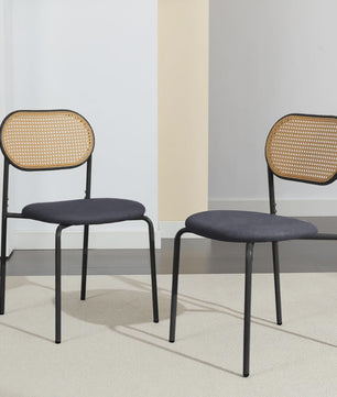 Set van 2 Eetkamerstoelen met Rotan Rugleuning - Vintage Design - Zwart/Houtkleur