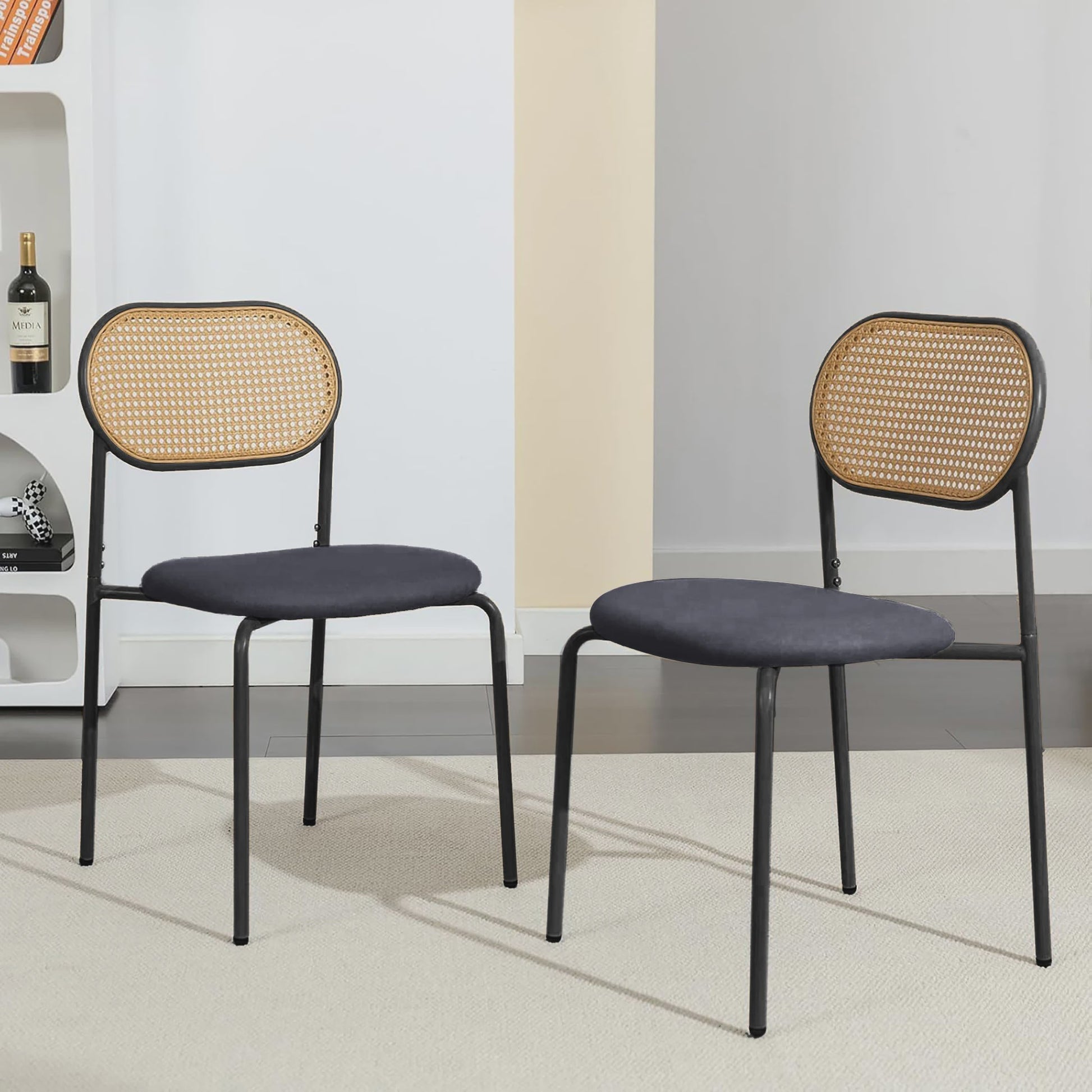Set van 2 Eetkamerstoelen met Rotan Rugleuning - Vintage Design - Zwart/Houtkleur