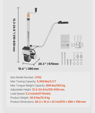 Elektrische Trailer Dolly 5000lbs - 12V Jockey Wheel met Verstelbare Hoogte voor Caravans