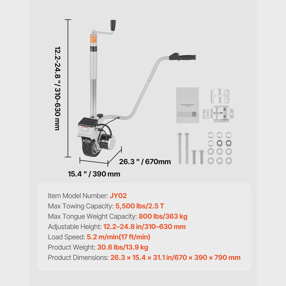 Elektrische Trailer Dolly 5000lbs - 12V Jockey Wheel met Verstelbare Hoogte voor Caravans