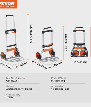 Opvouwbare Transportkar met Telescopische Handgreep en Spanband - Max 140 kg